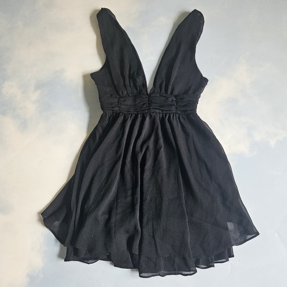 Black Chiffon Sleeveless Mini Dress Flutter Dress Plunge Dress Soft ChiffonDress